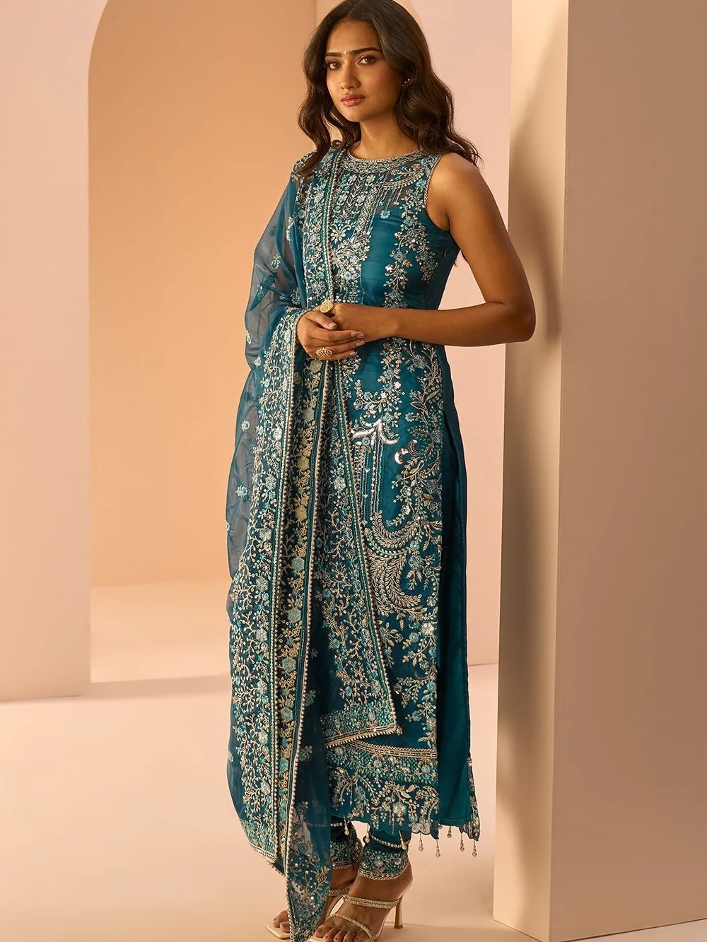 Teal Embroidered Sleeveless Anarkali Dress w Dupatta INDIAN WEDDING GUEST DRESS
